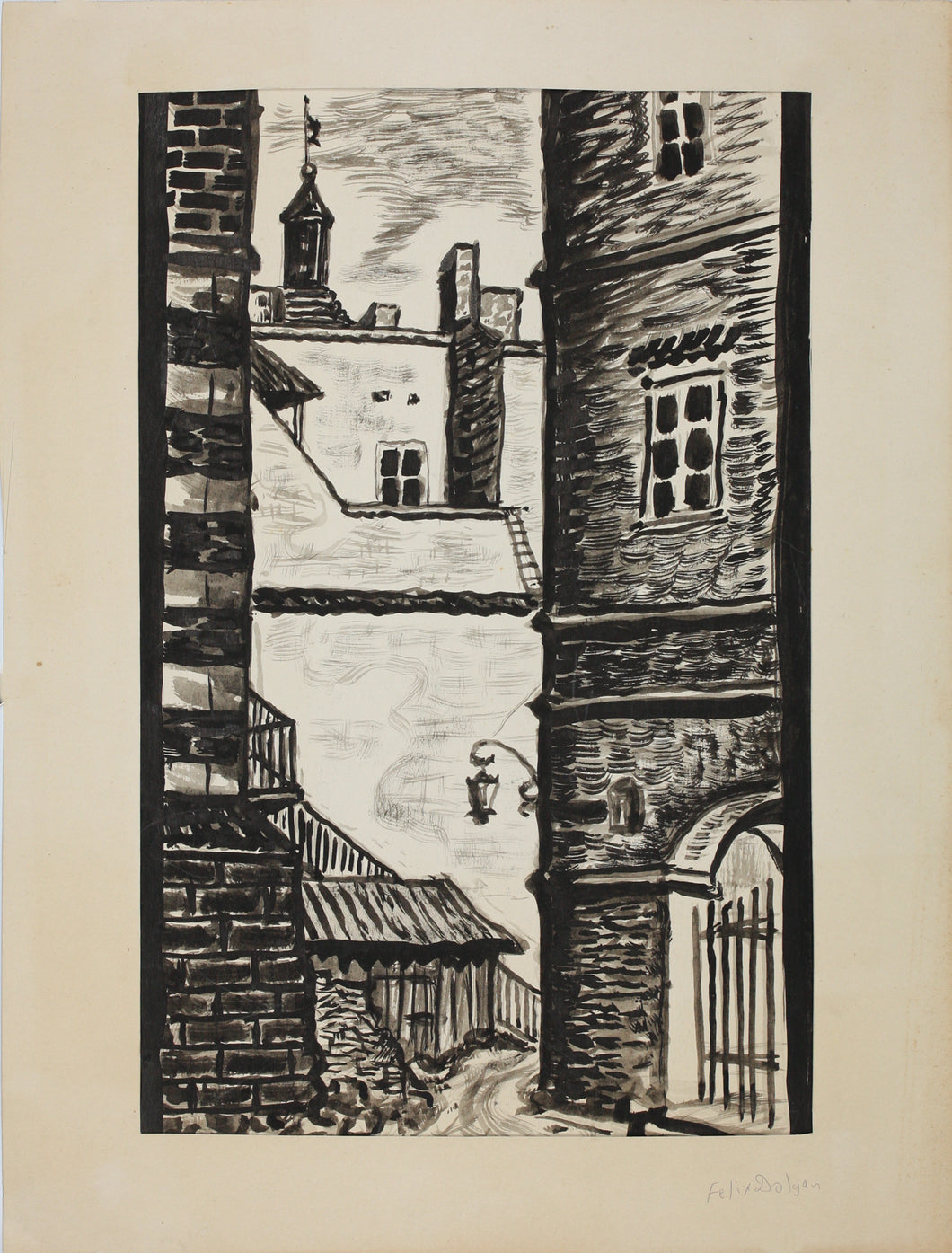 Feliks Dolgan. City landscape with turret and weather vane. Ink, pen. Mid XX C.