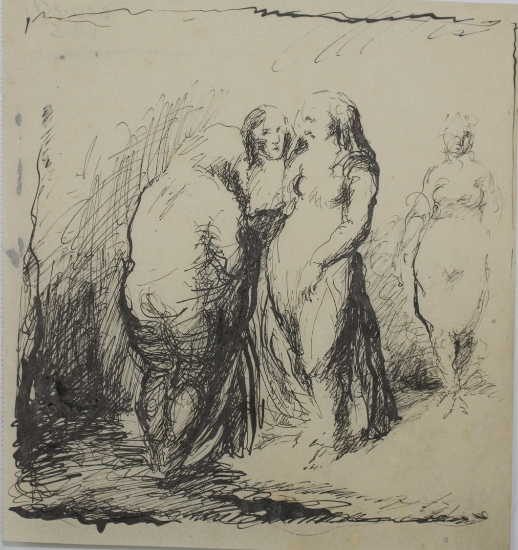 Unknown artist. Two sketches in Dutch Golden Age style. Three women. Mother and child. Pen & ink. XX C.