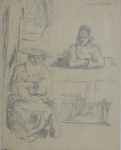 Unknown artist. Two sketches in Dutch Golden Age style. Three women. Mother and child. Pen & ink. XX C.