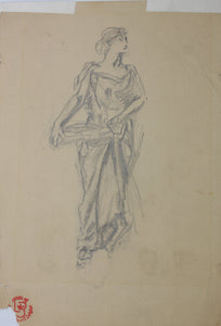Lee Woodward Zeigler. Female figure with a tray in antique attire. Graphite drawing. XX C.