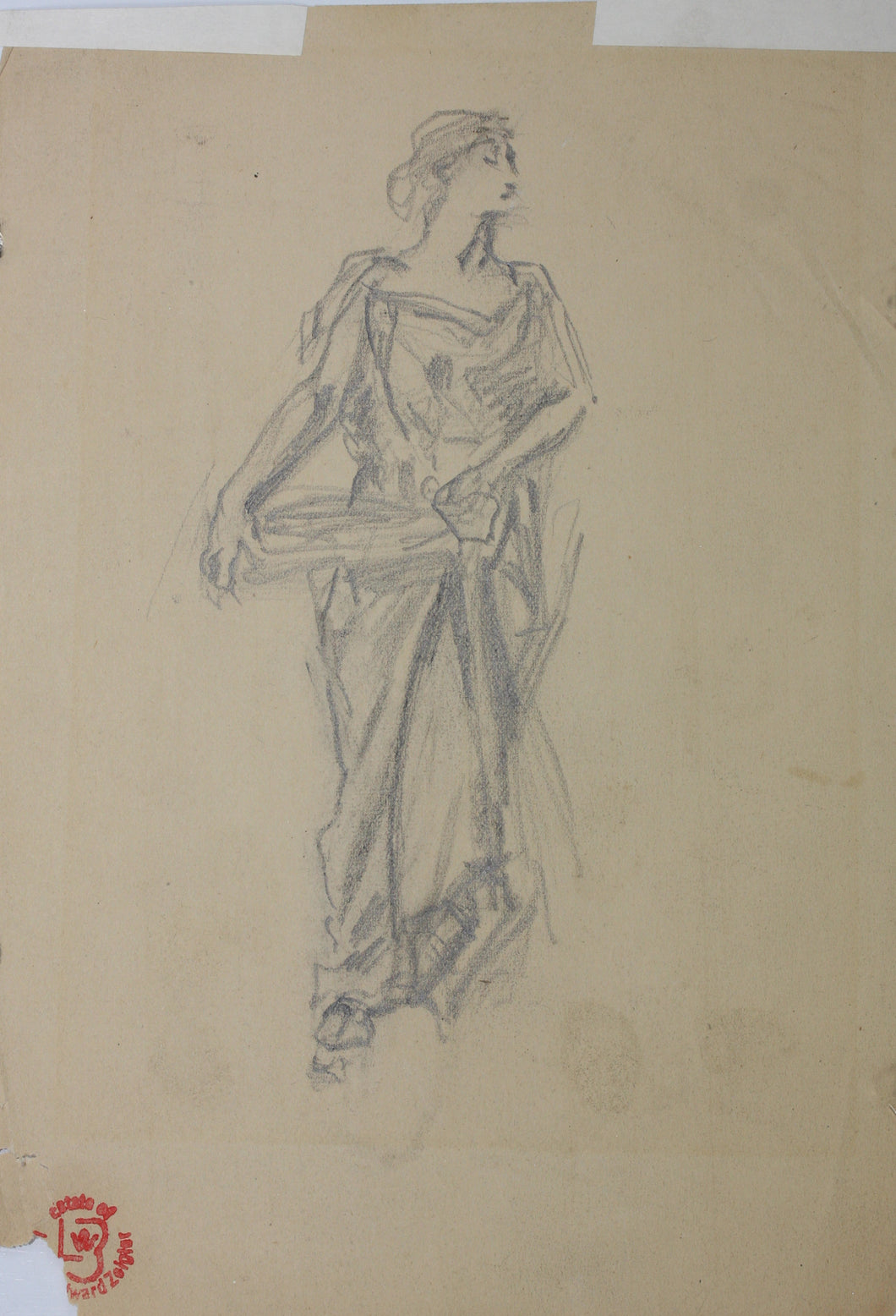 Lee Woodward Zeigler. Female figure with a tray in antique attire. Graphite drawing. XX C.