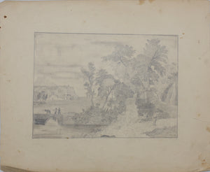 Jan van Huysum, after. Landscape with Figures, Ruins and Bridge. Graphite drawing by David O. Paige. 1847.