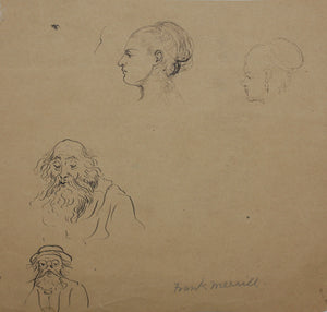 Frank T. Merrill. Grotesque sketches of Heads. Three pages. Pen, ink, and graphite. Mid XIX C.