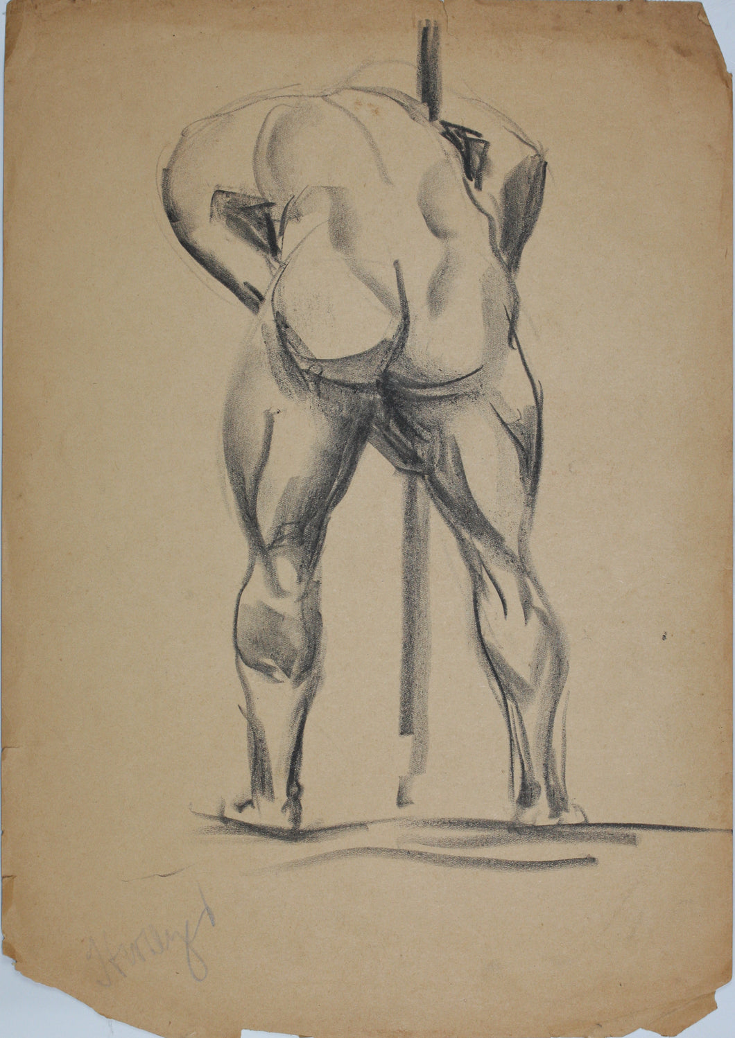 Male nude figure back view. Charcoal drawing. XX C.