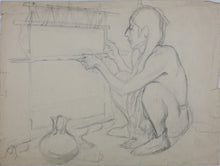 Load image into Gallery viewer, Native American Woman at the weaving loom. Graphite drawing. XX C.
