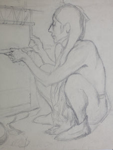 Native American Woman at the weaving loom. Graphite drawing. XX C.