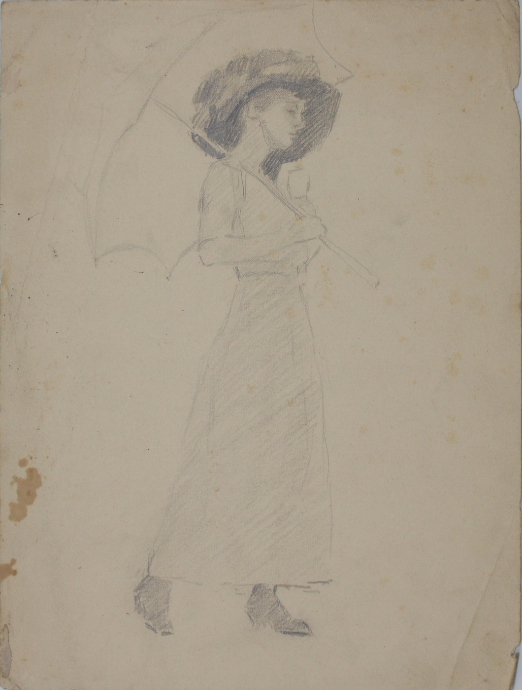 Young Woman with Hat and Parasol. Graphite drawing. Late XIX C.
