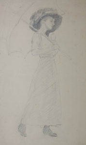 Young Woman with Hat and Parasol. Graphite drawing. Late XIX C.