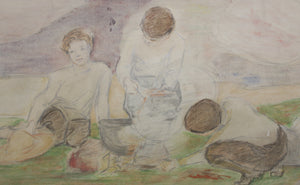 American Impressionism. At the Resort. Boys, girls and mothers enjoying leisure time at a resort. Sketches for murals. Watercolor and graphite. Early XX C.
