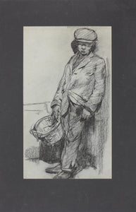 Study of a standing man with basket in his hands. Graphite drawing.  Mid XX C.