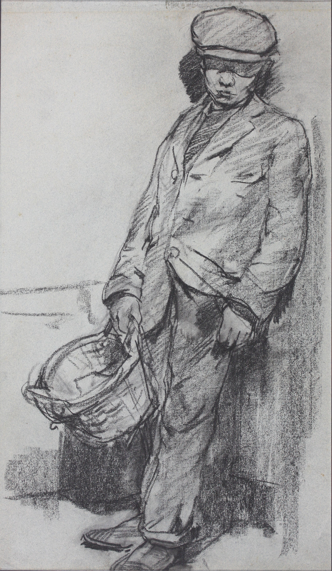 Study of a standing man with basket in his hands. Graphite drawing.  Mid XX C.