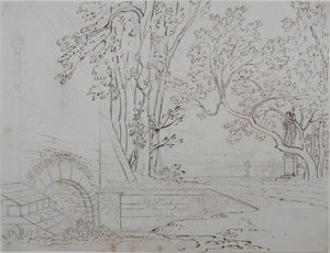 Palace park with statue of Greek Goddess. Graphite and ink drawing. XVIII C.