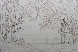 Palace park with statue of Greek Goddess. Graphite and ink drawing. XVIII C.