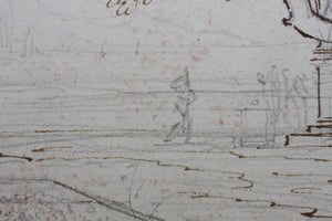 Palace park with statue of Greek Goddess. Graphite and ink drawing. XVIII C.