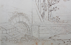 Palace park with statue of Greek Goddess. Graphite and ink drawing. XVIII C.