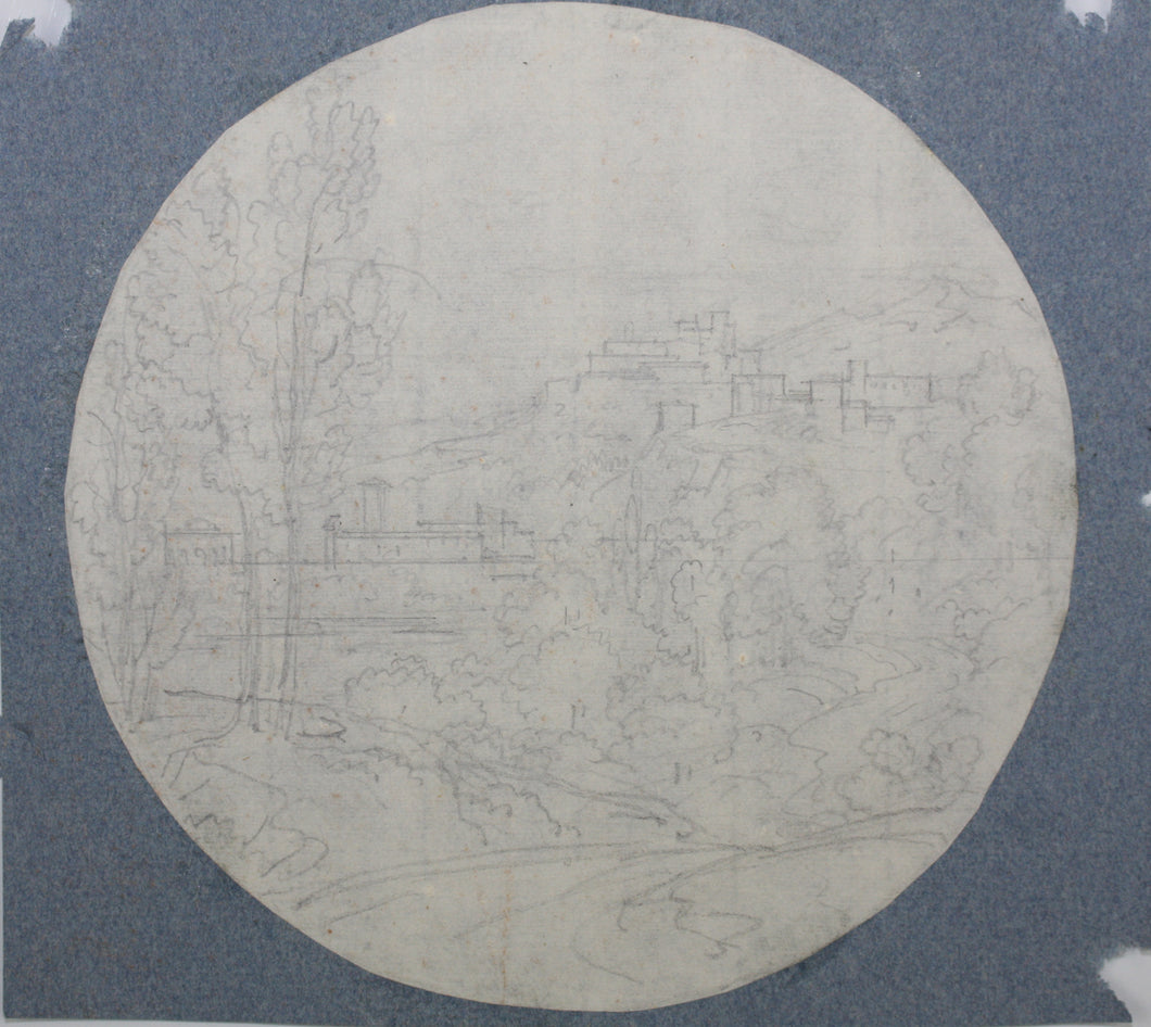 Landscape with a fortress on the hill. Graphite drawing. Tondo. XVIII C.