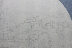 Landscape with a fortress on the hill. Graphite drawing. Tondo. XVIII C.