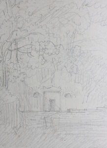 Landscape with a classical portico. Graphite drawing. XVIII C.