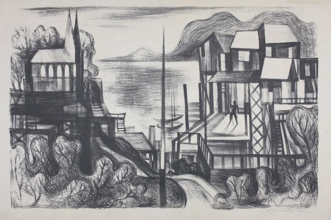 Seascape with church and houses. Lithograph. 1948.