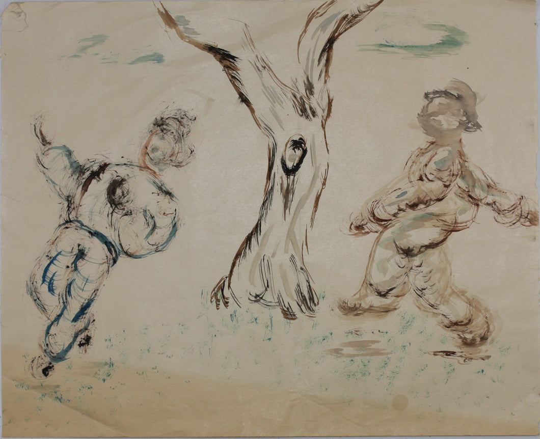 Studies of human figures and a tree. Watercolor and pen and ink drawing. XX C.