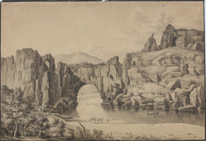 Italianate mountain landscape with river and bridge. Ink and gray wash. XIX C.