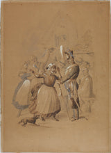 Load image into Gallery viewer, Townswoman and Hussar. Genre drawing biedermeier style. Watercolor. XIX C.
