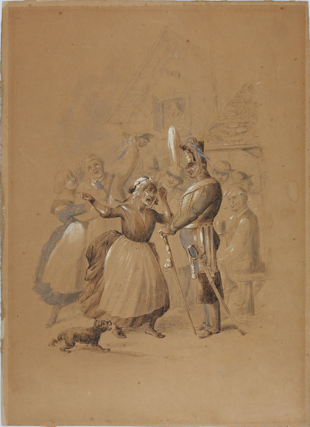 Townswoman and Hussar. Genre drawing biedermeier style. Watercolor. XIX C.