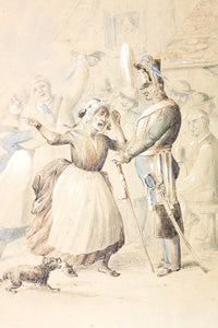 Townswoman and Hussar. Genre drawing biedermeier style. Watercolor. XIX C.