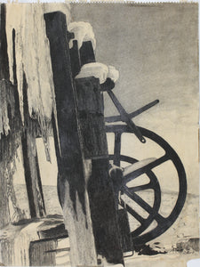 S. Hart. Work cart placed on its end and leaned against a wall for the winter. Ink and brush drawing. 1974.