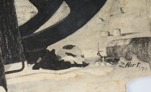 S. Hart. Work cart placed on its end and leaned against a wall for the winter. Ink and brush drawing. 1974.