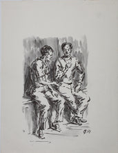 Load image into Gallery viewer, Charles Locke. Two man on bench. Ink, pen, and brush drawing. 1957.
