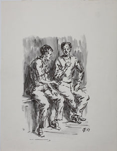 Charles Locke. Two man on bench. Ink, pen, and brush drawing. 1957.
