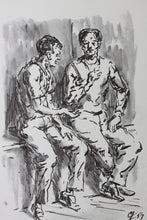 Load image into Gallery viewer, Charles Locke. Two man on bench. Ink, pen, and brush drawing. 1957.
