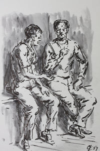 Charles Locke. Two man on bench. Ink, pen, and brush drawing. 1957.