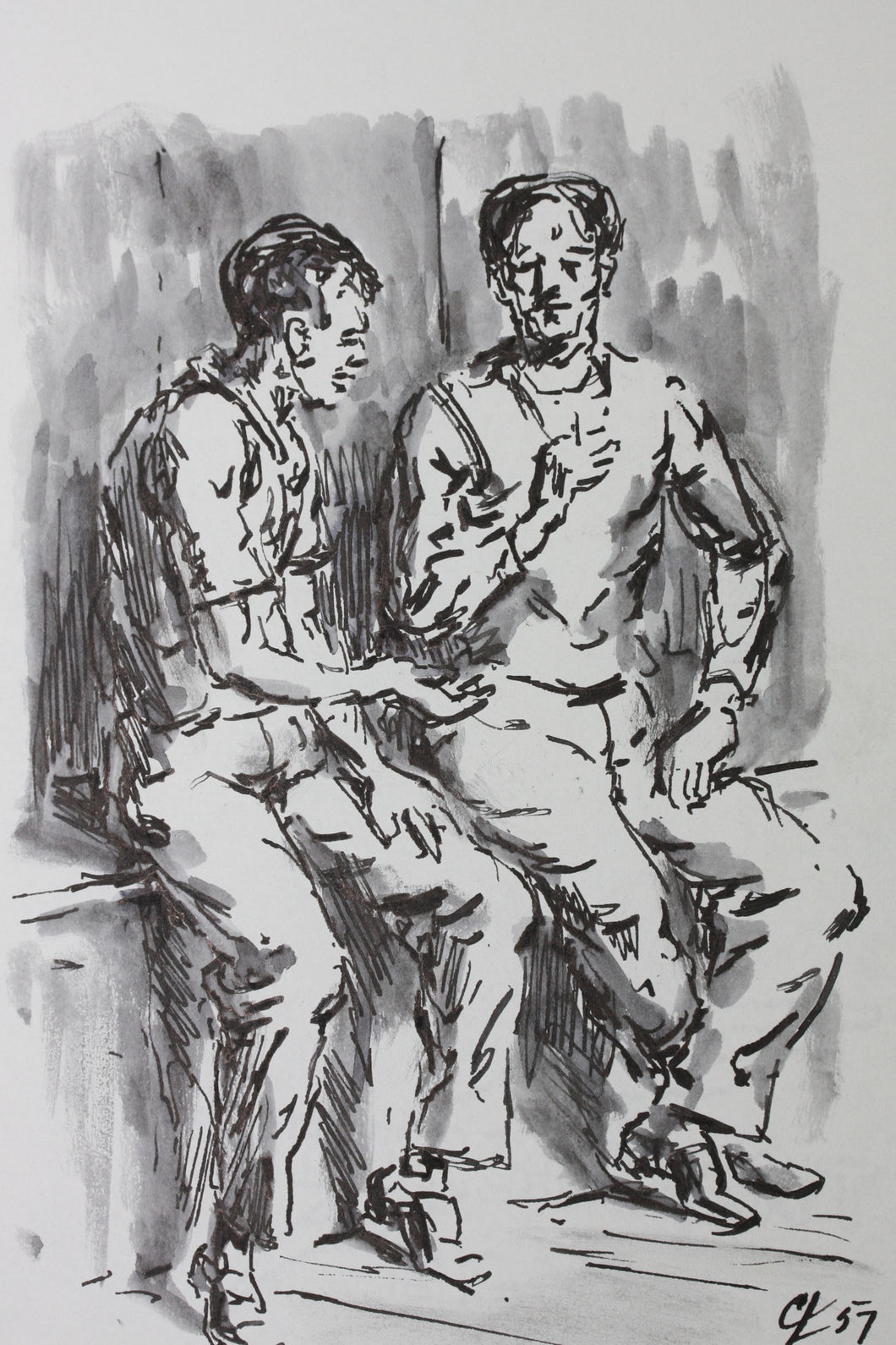 Charles Locke. Two man on bench. Ink, pen, and brush drawing. 1957.