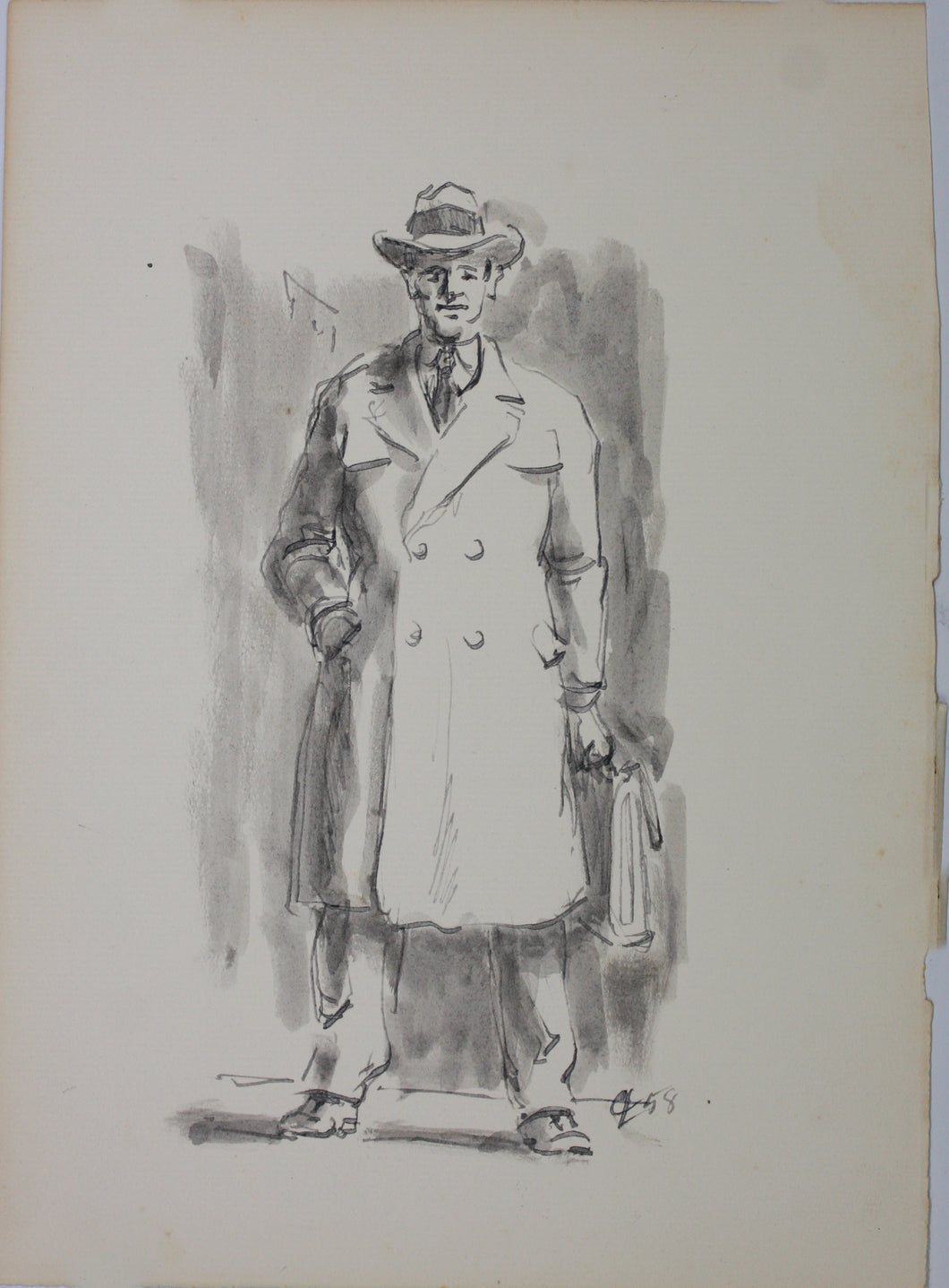 Charles Locke. Businessman with briefcase. Ink, pen, and brush drawing. 1958.