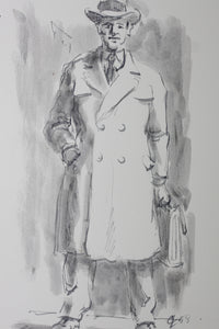 Charles Locke. Businessman with briefcase. Ink, pen, and brush drawing. 1958.