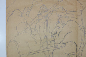 Jack Bennett. Female portrait, Bar scene, Cowboy, Bull, Party Pooper etc. Three sheets of graphite drawings. XX C.