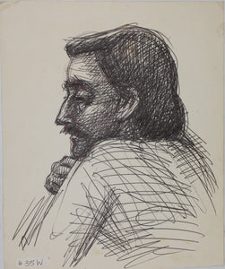 John Middleton Freeman. Portrait of a long-haired young man with a mustache. Ink drawing. Late XX C.