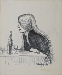 John Middleton Freeman. Portrait of a woman sitting at a restaurant table. Ink drawing. 1969