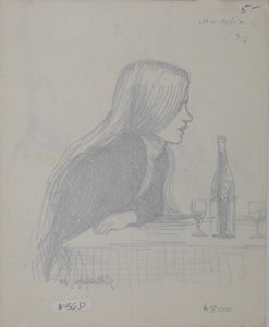 John Middleton Freeman. Portrait of a woman sitting at a restaurant table. Ink drawing. 1969