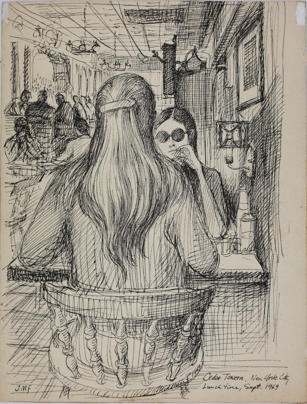 John Middleton Freeman. Cedar Tavern, New York. Ink drawing. 1969.
