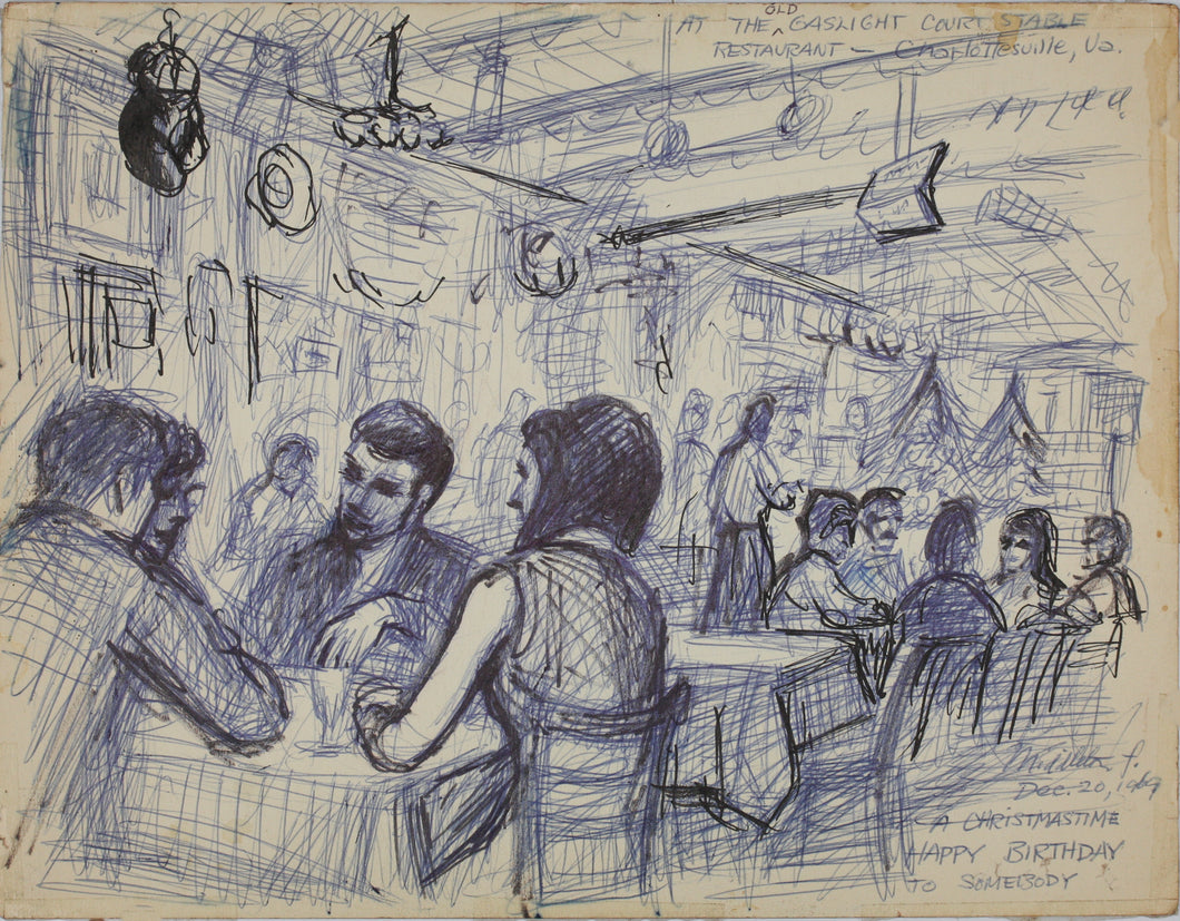 John Middleton Freeman. Happy Birthday at the Old Gaslight Charlottesville Va. Ink drawing. 1969.