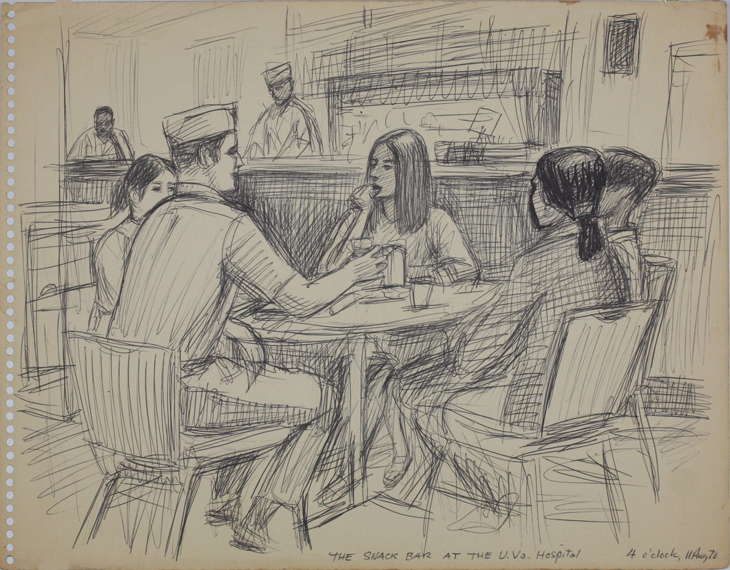 John Middleton Freeman. The Snack Bar at the U.Va Hospital. Ink drawing. 1970.