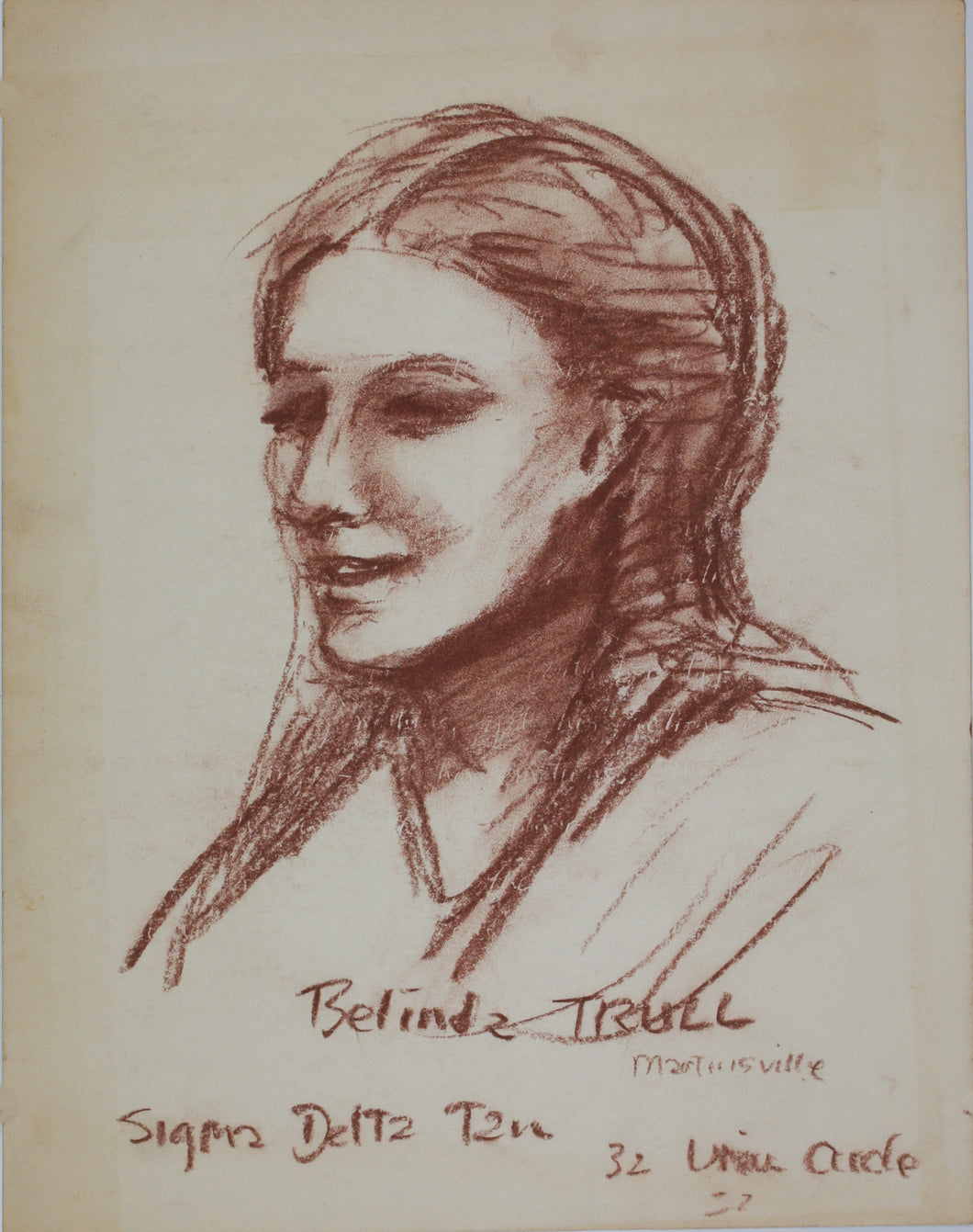 John Middleton Freeman. Portrait of Belinda Trull. Brownish Conte crayon drawing. Late XX C.