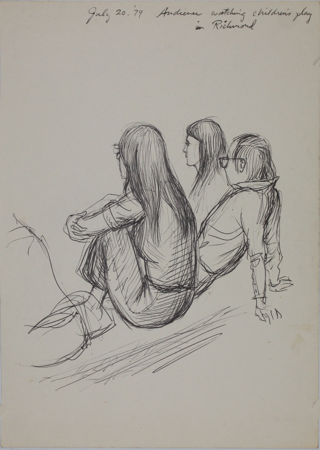 John Middleton Freeman. Audience watching children's play in Richmond. Ink drawing. 1974.