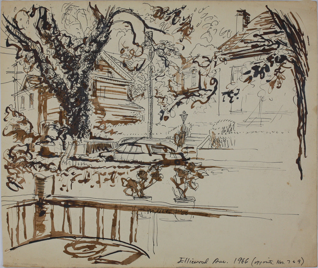 John Middleton Freeman. Elliewood Avenue. Charlottesville, VA. Ink drawing. 1966.