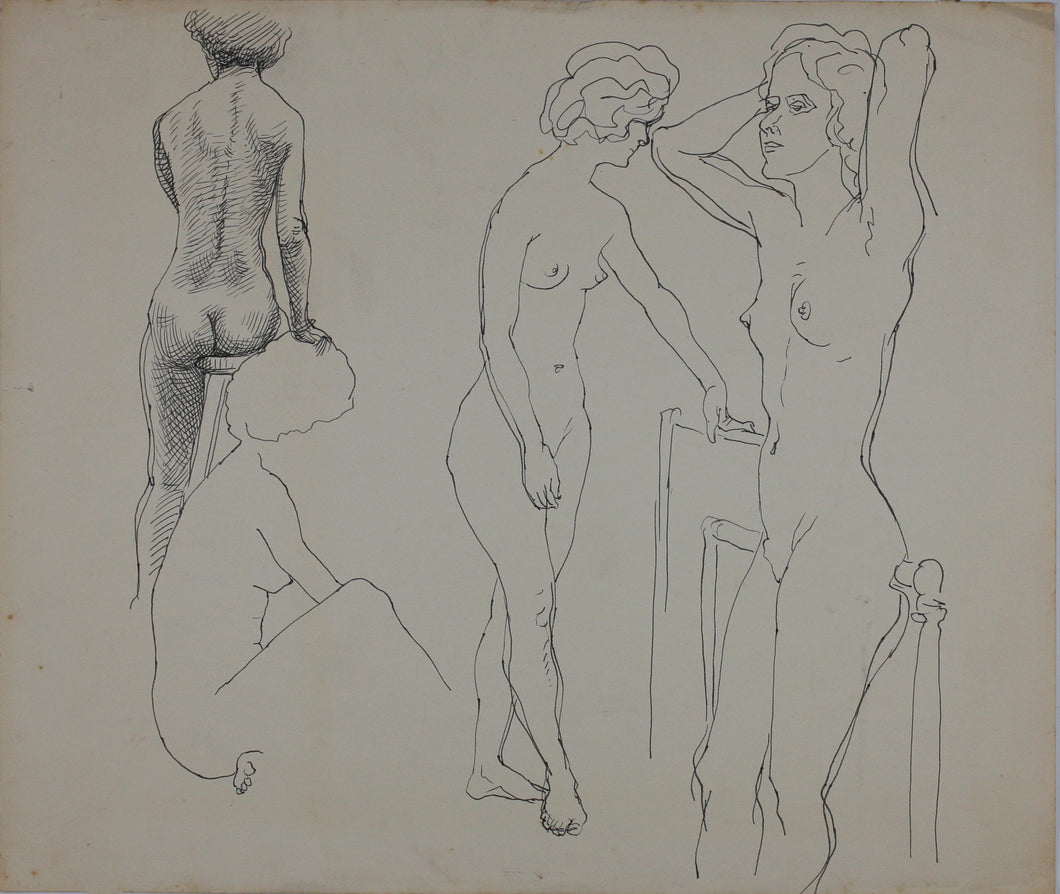 John Middleton Freeman. Life drawings. Sketches of females nude. Ink/pen outline drawing. Late XX C.