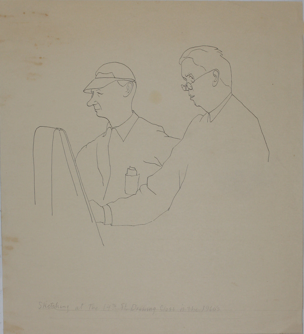 John Middleton Freeman. Portrait of two artists in the Drawing Class. Ink/pen outline drawing. 1960's.