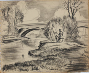 John Middleton Freeman. Portrait of an artist in the open air. Black Conte crayon drawing. 1947.